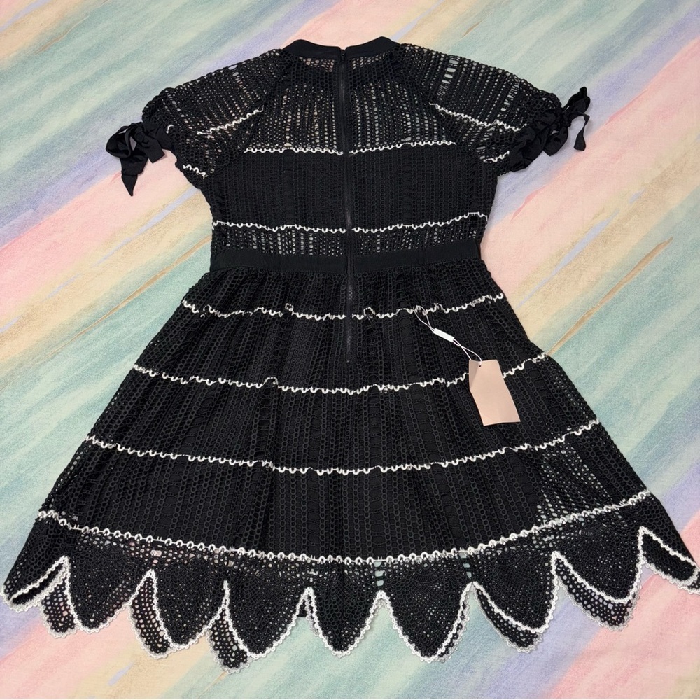 NWT Self Portrait Crochet Scallop mini Dress black Short Sleeve size 10 - Picture 9 of 10